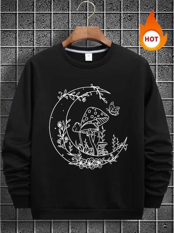 Men's Mushroom & Floral Print Round Neck Sweatshirt, Regular Fit Casual Long Sleeve Pullover for Fall & Winter, Men's...