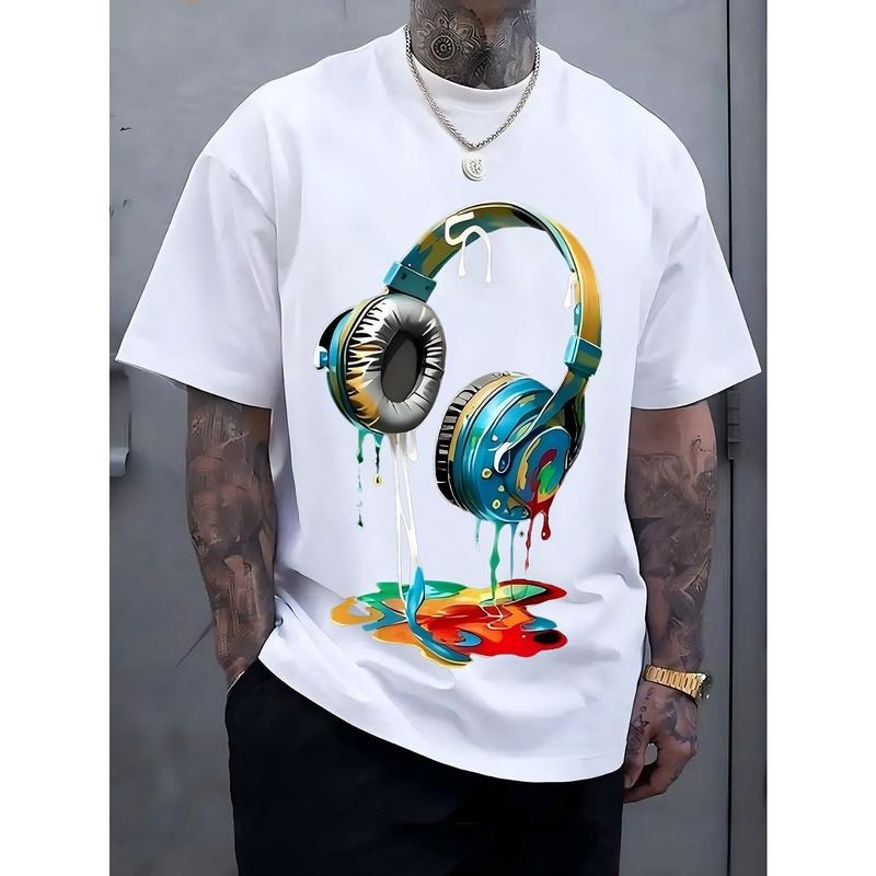 Men's Navy Blue Graphic Tee with Vibrant Headphone Print Thick Cotton, Casual & Trendy, Short Sleeve Crew Neck T-Shirt,...