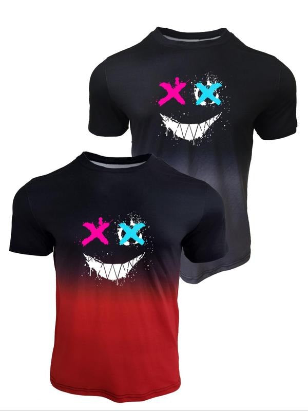 Men's Ombre & Cartoon Face Print Round Neck Tee, Regular Fit Casual Short Sleeve T-shirt for Daily Wear, Men's Top for...