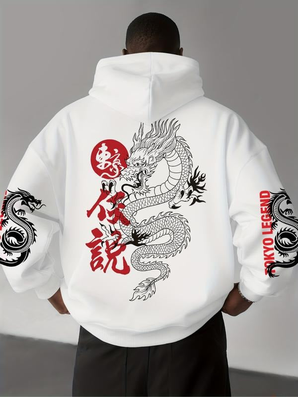 Men's Oversized Warm Hoodie, Tokyo Legend-Themed Dragon Graphic & Japanese Text Print, Casual Japanese Urban Cultural...