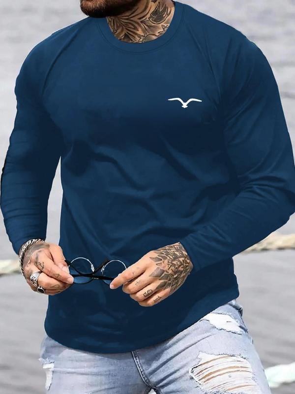 Men's PARIS Letter & Geometric Print Round Neck Long Sleeve Tee, Regular Fit Casual Comfy Crew Neck T-shirt for Spring,...