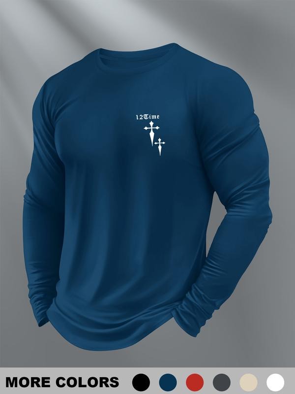 Men's PARIS Letter & Geometric Print Round Neck Long Sleeve Tee, Regular Fit Casual Comfy Crew Neck T-shirt for Spring,...