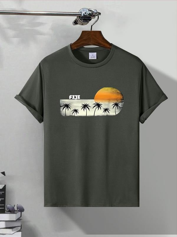 Men's Palm Tree & Letter Print Round Neck Graphic Tee, Regular Fit Casual Short Sleeve T-shirt for Summer, Men's Top for...