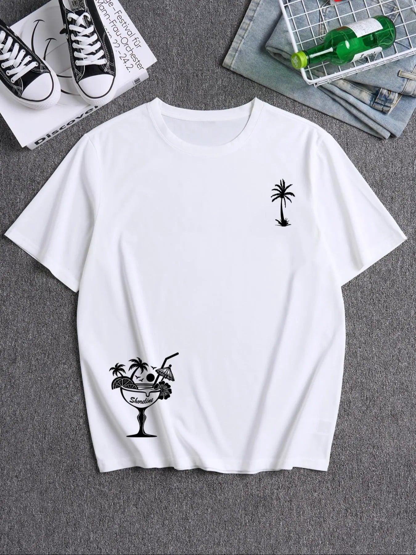 Men's Palm Tree & Letter Print Round Neck Tee, Loose Casual Tropical Print Short Sleeve T-shirt for Summer, Men's Top for...