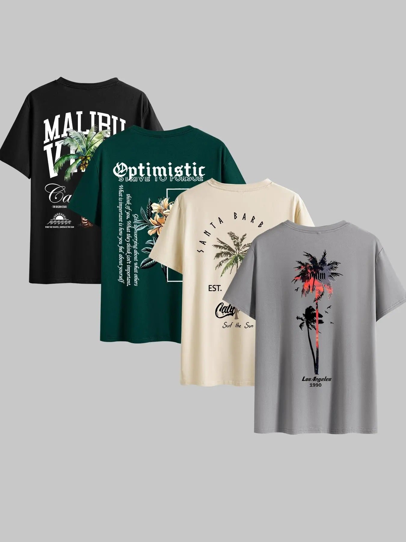 Men's Palm Tree & Letter Print Short Sleeve Graphic Tee, Regular Fit Casual Street Round Neck T-shirt for Summer, Men's...