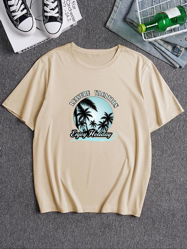 Men's Palm Tree Graphic Print Round Neck Tee, Loose Casual Comfy Short Sleeve Crew Neck T-shirt for Summer Vocation,...