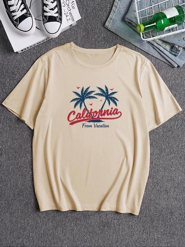 Men's Palm Tree Print Round Neck Tee, Regular Fit Casual Short Sleeve T-shirt for Summer, Men's Top for Daily Wear...