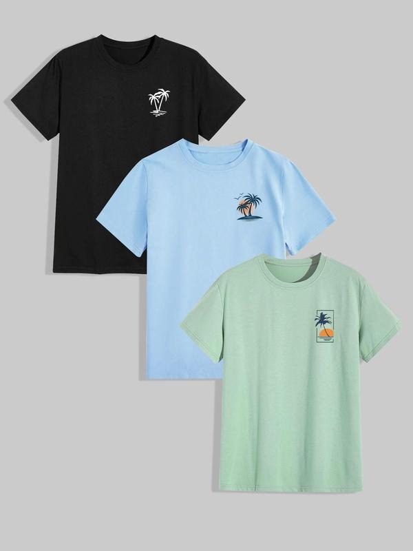 Men's Palm Tree Print Short Sleeve Tee, Regular Fit Casual Comfy Round Neck T-shirt for Summer, Men's Top for Daily Wear,...