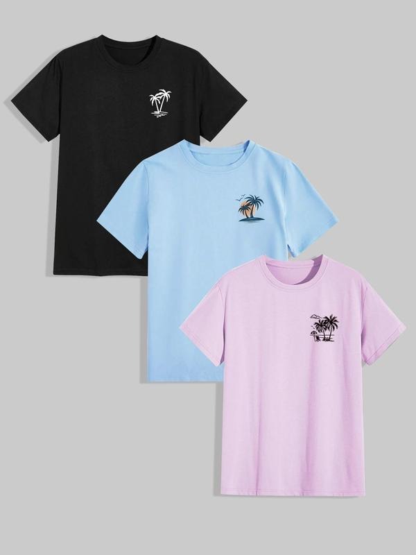 Men's Palm Tree Print Short Sleeve Tee, Regular Fit Casual Comfy Round Neck T-shirt for Summer, Men's Top for Daily Wear,...