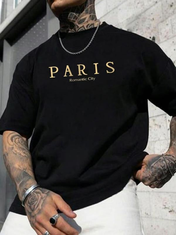 Men's Paris Print Round Neck Tee, Regular Fit Casual Short Sleeve Crew Neck T-Shirt for Summer, Fashion Men's Top for...