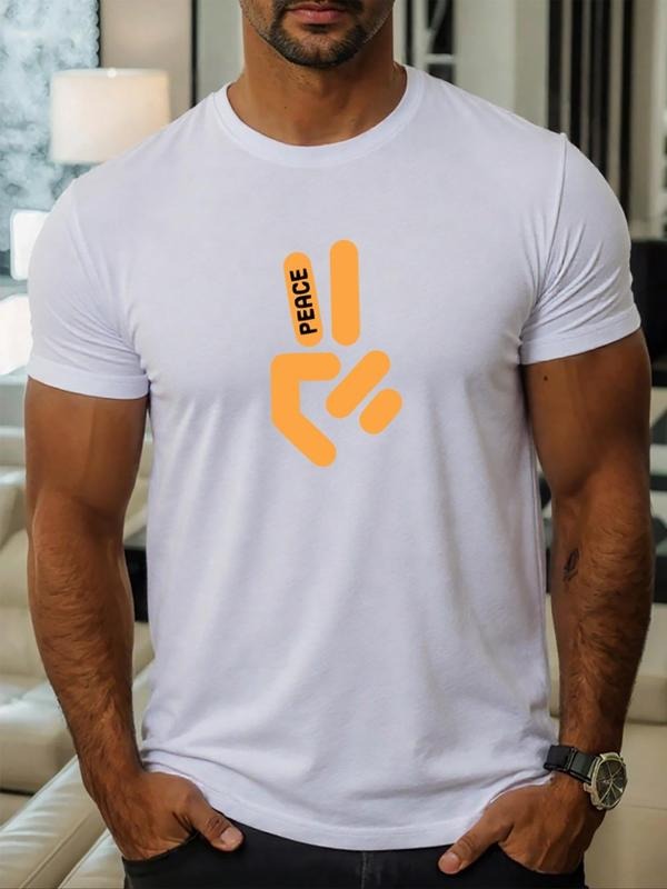 Men's Peace Gesture Print Round Neck Tee, Regular Fit Casual Short Sleeve Crew Neck T-Shirt for Daily Wear, Men's Top for...