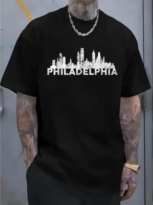 Men's Philadelphia Letter Print Round Neck Tee, Regular Fit Casual Short Sleeve Crew Neck T-Shirt for Daily Wear, Fashion...