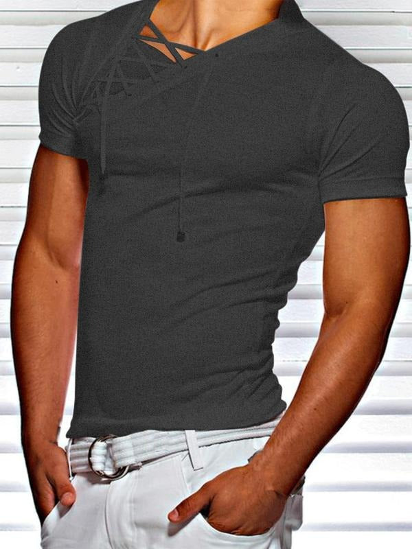 Men's Plain Lace Up Asymmetrical Neck Tee, Summer Clothes, Casual Slim Short Sleeve T-Shirt for Summer, Men's Clothes for...