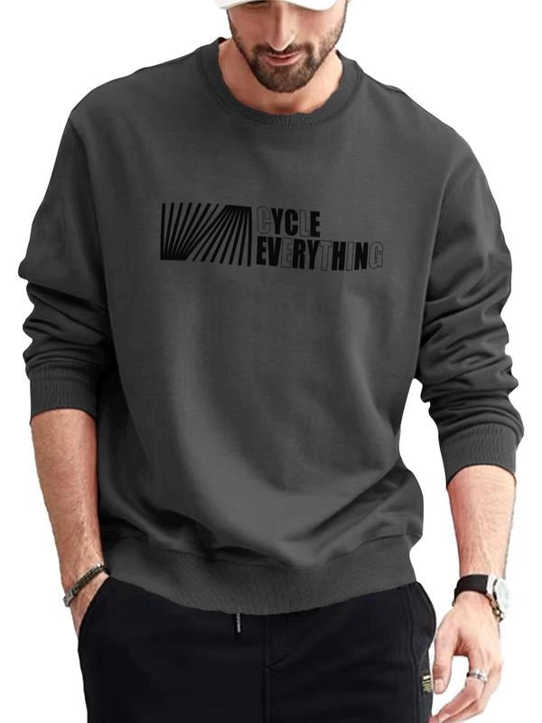 Men's Plain Letter Print Round Neck Long Sleeve Sweatshirt, Regular Fit Casual Crewneck Pullover Top Streetwear for...