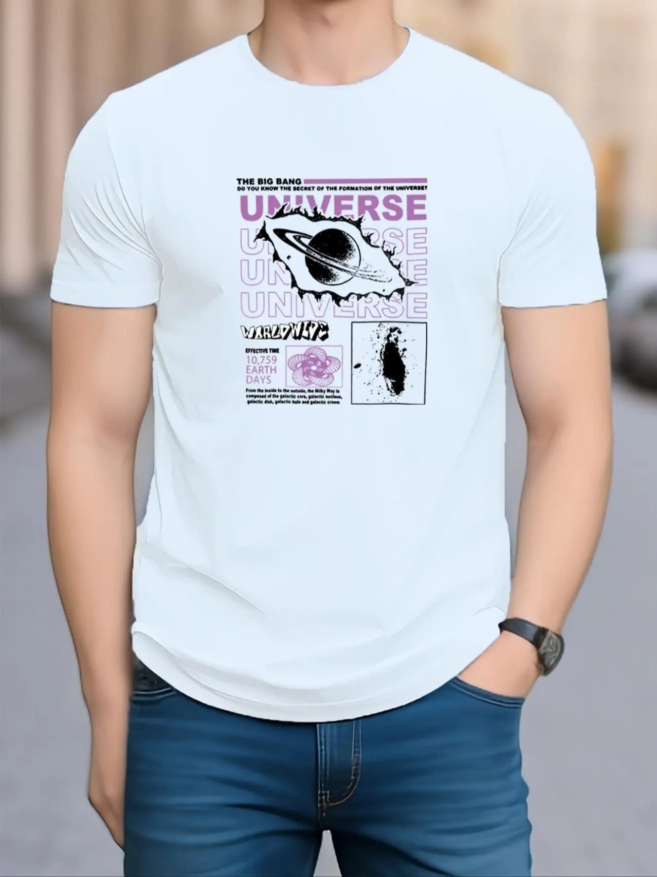 Men's Planet Print Round Neck Tee, Casual Short Sleeve Graphic T-shirt for Daily Wear, Men's Top for All Seasons Hoodie,...