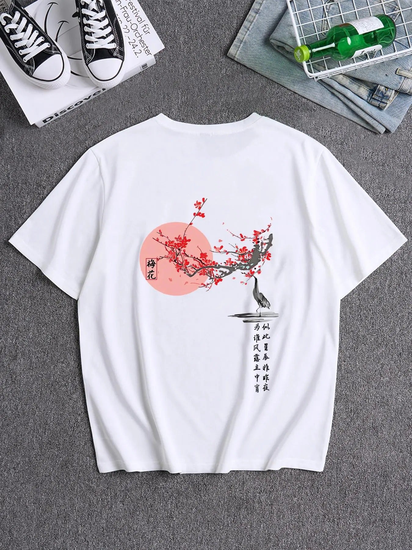 Men's Plum Blossom & Landscape Print Round Neck Tee, Regular Fit Casual Short Sleeve T-shirt for Summer, Men's Top for...