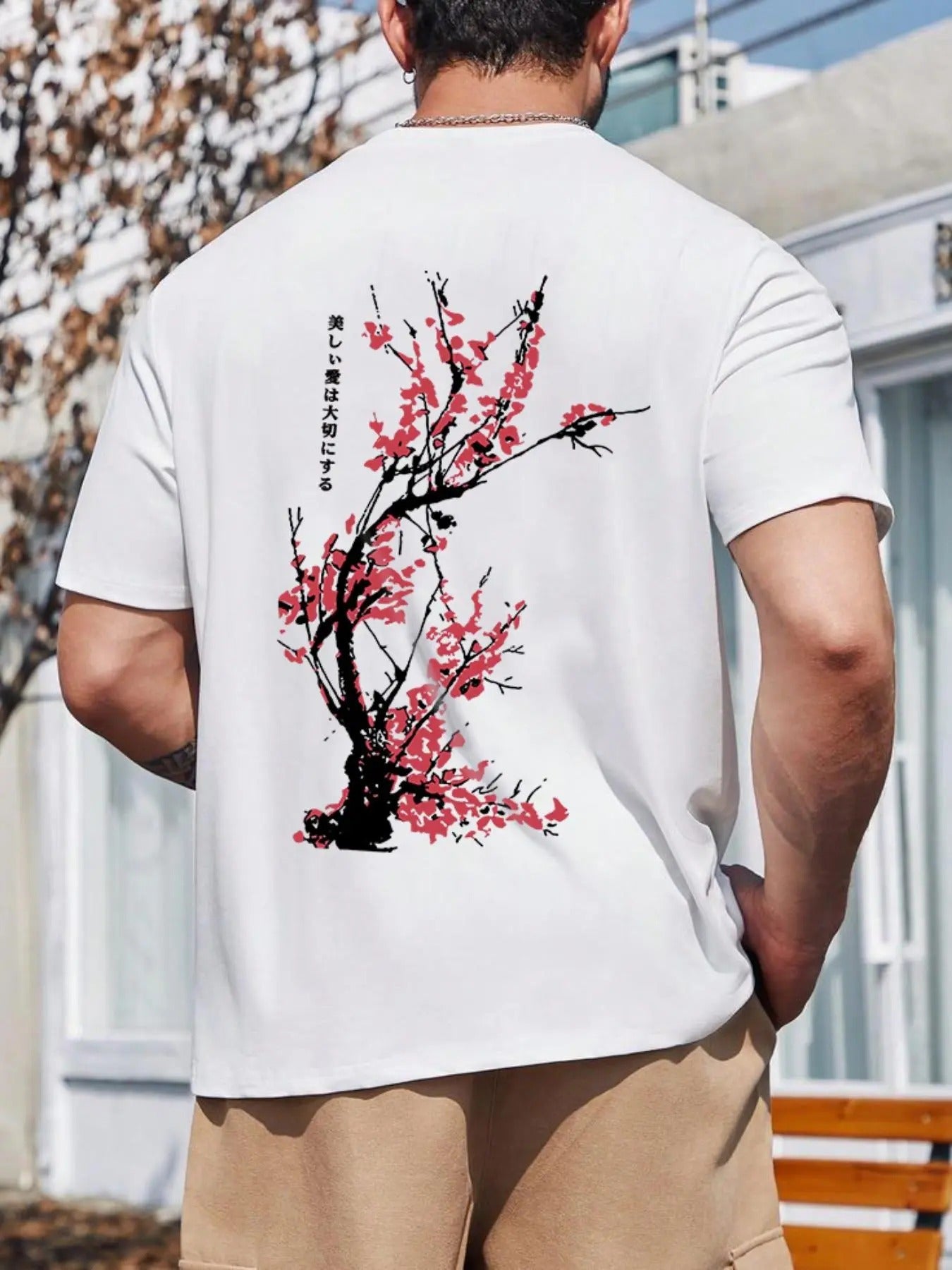 Men's Plum Blossom Tree Print Round Neck Tee, Regular Fit Casual Landscape Print Short Sleeve T-shirt for Summer, Men's...