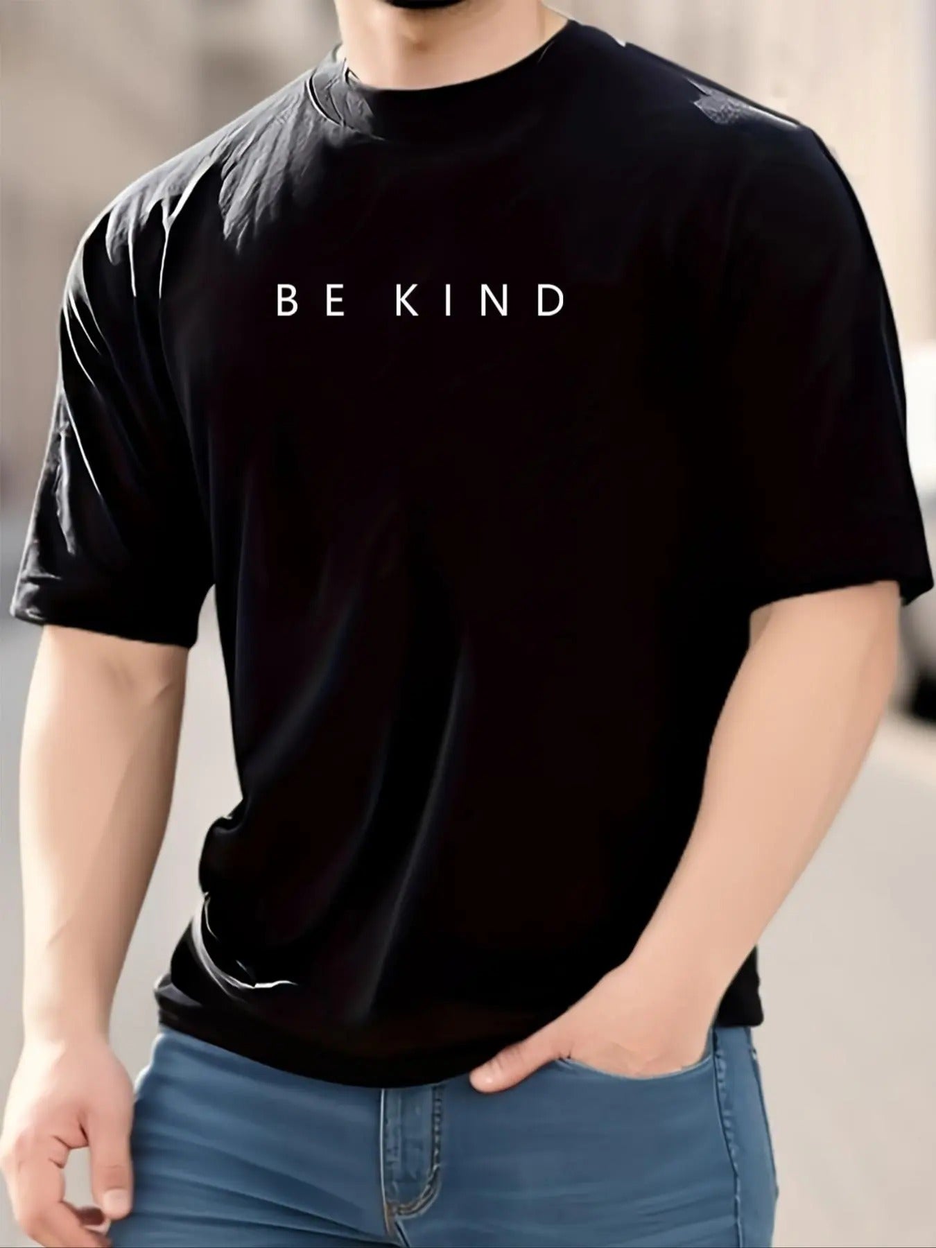 Men's Plus Size "BE KIND" Print Round Neck Tee, Casual Short Sleeve Graphic T-shirt, Men's All Seasons Outfit for Daily...