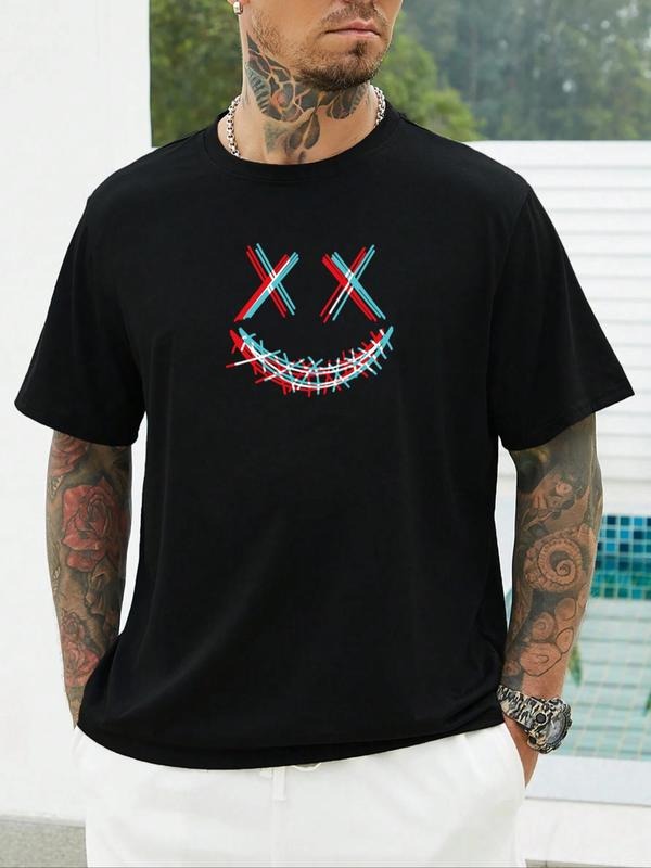 Men's Plus Size Cartoon Face Print Round Neck Tee, Casual Short Sleeve Graphic T-shirt, Men's All Seasons Outfit for...