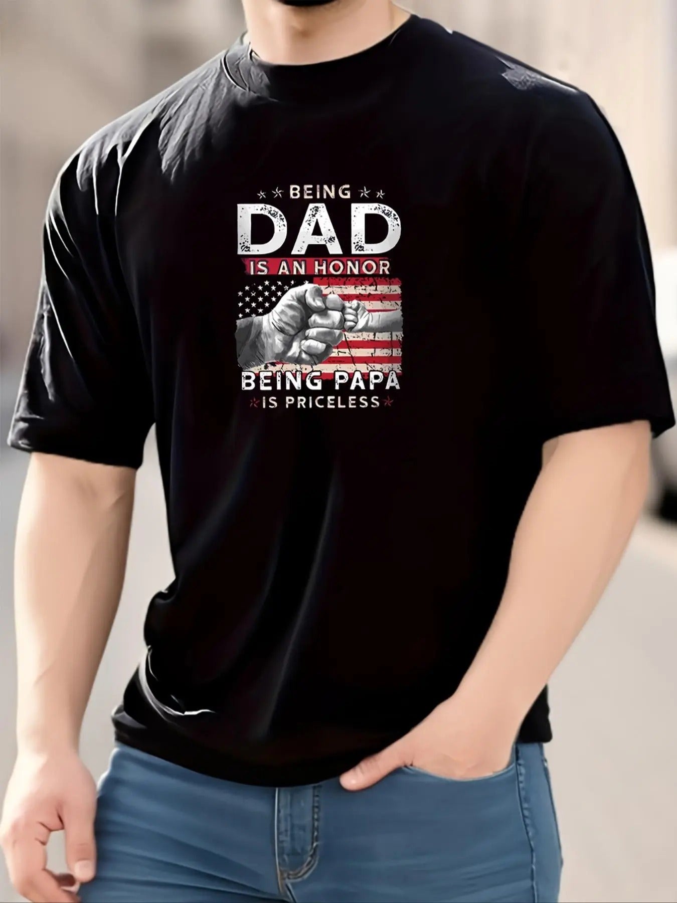 Men's Plus Size Flag & Hand Print Round Neck Tee, Casual Short Sleeve Letter Graphic T-shirt, Men's All Seasons Outfit...