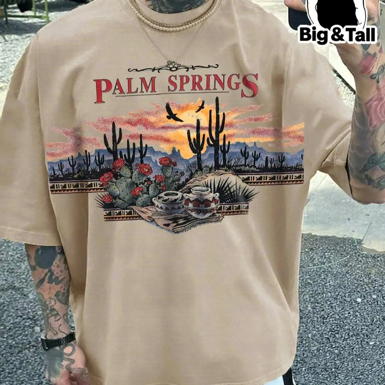 Men's Plus Size Landscape & Letter Print Drop Shoulder Crew Neck Tee, Plus Street Fashion Casual Soft Comfy Round Neck...