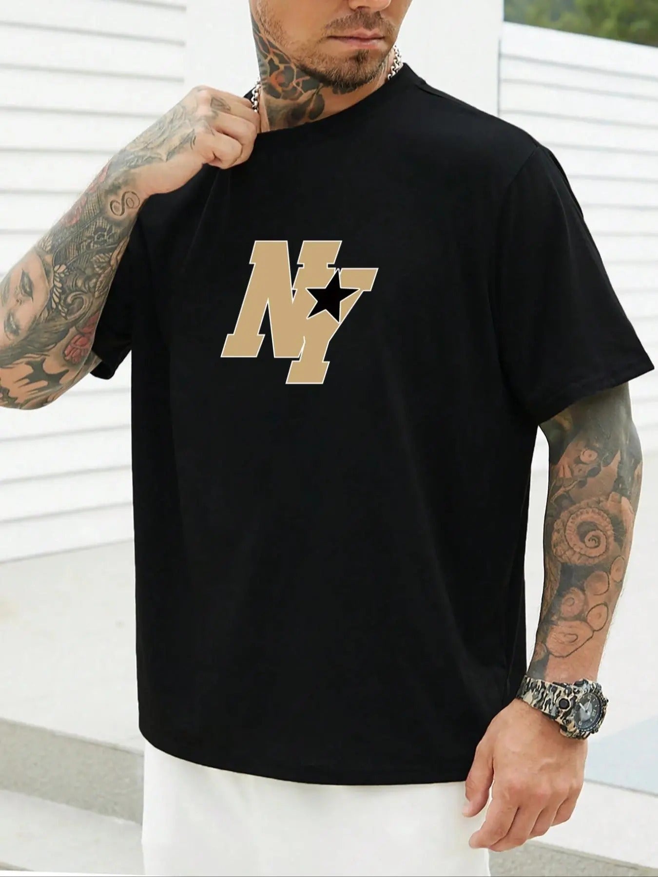 Men's Plus Size Letter & Star Print Round Neck Tee, Casual Short Sleeve Graphic T-shirt, Men's All Seasons Outfit for...
