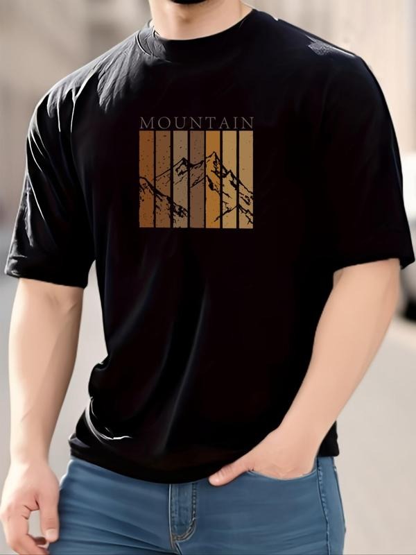 Men's Plus Size Mountain Print Round Neck Tee, Casual Short Sleeve Graphic T-shirt, Men's All Seasons Outfit for Daily...