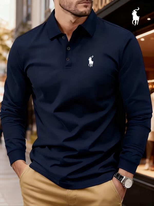 Men's Plus Size Solid Color Long Sleeve Polo Shirt, High-End Fashion Fabric, Casual Geometric Design, All Seasons Wear,...