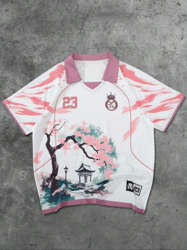 Men's Polo Shirt Daily Sports Sakura English Pattern Print Short Sleeve, Casual Summer Top, Comfortable Fabric, Stylish...
