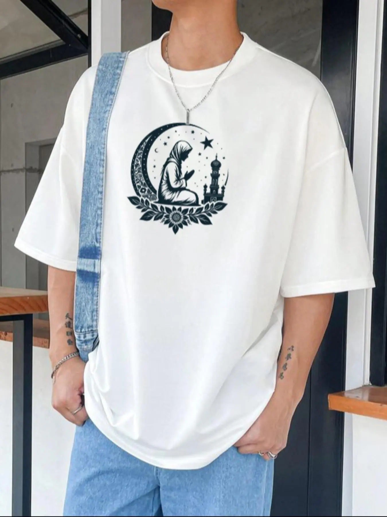 Men's Prayer Under The Stars and The Moon Graphic Print Round Neck Tee, Loose Casual Comfy Fashion Short Sleeve Crew Neck...