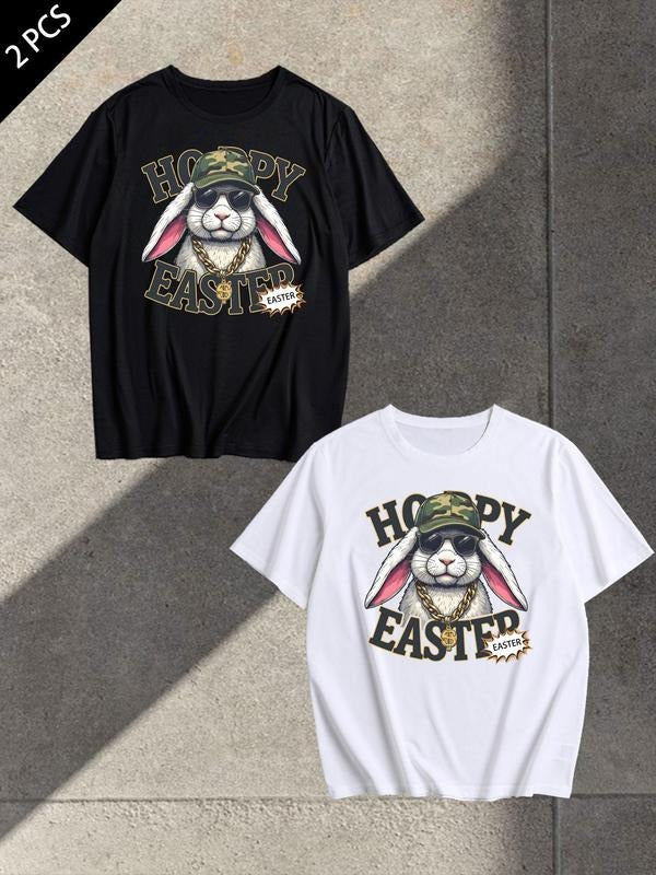 Men's Rabbit & Letter Print Short Sleeve Tee, Regular Fit Casual Comfy Round Neck T-shirt for Summer, Men's Top for Daily...