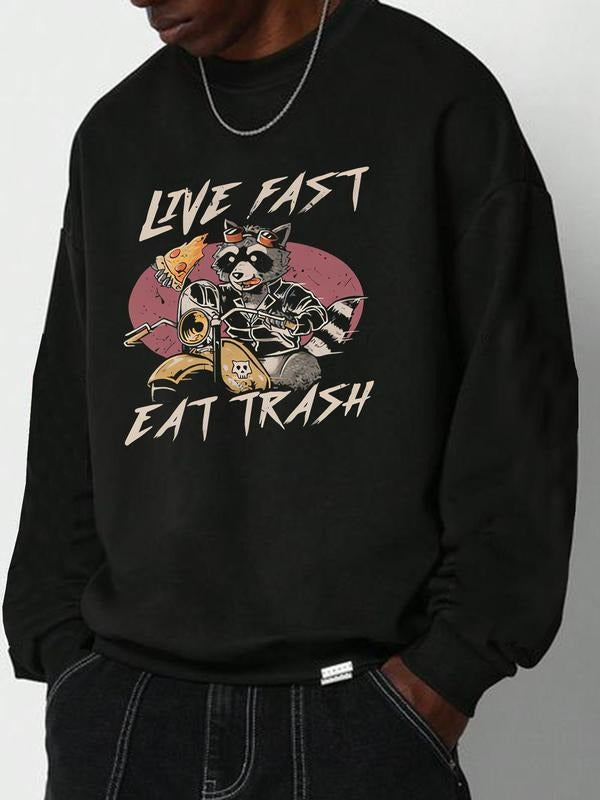 Men's Raccoon & Letter Print Drop Shoulder Sweatshirt, Regular Fit Street Fashion Casual Soft Comfy Long Sleeve Crew Neck...