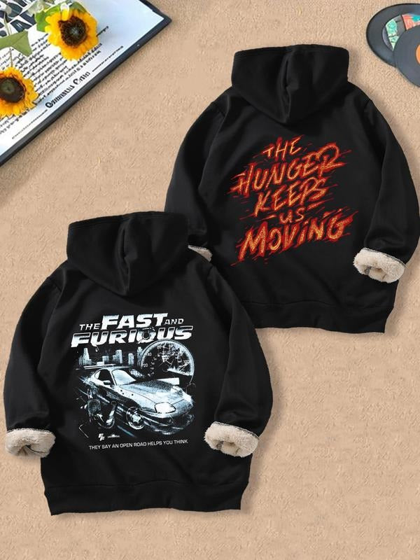 Men's Random Car Print Hoodie, Casual Regular Fit Letter Graphic Thermal Lined Long Sleeve Hooded Sweatshirt for Fall &...