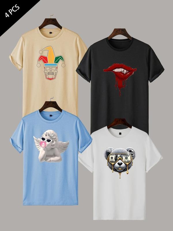 Men's Random Style Creative Print Round Neck Tee, Regular Fit Casual Short Sleeve T-shirt, Men's Summer Top for Daily...