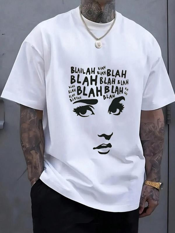 Men's Regular Fit   Face & Letter Print Tee, Casual Short Sleeve Round Neck T-shirt for Summer, Menswear for Daily Wear...