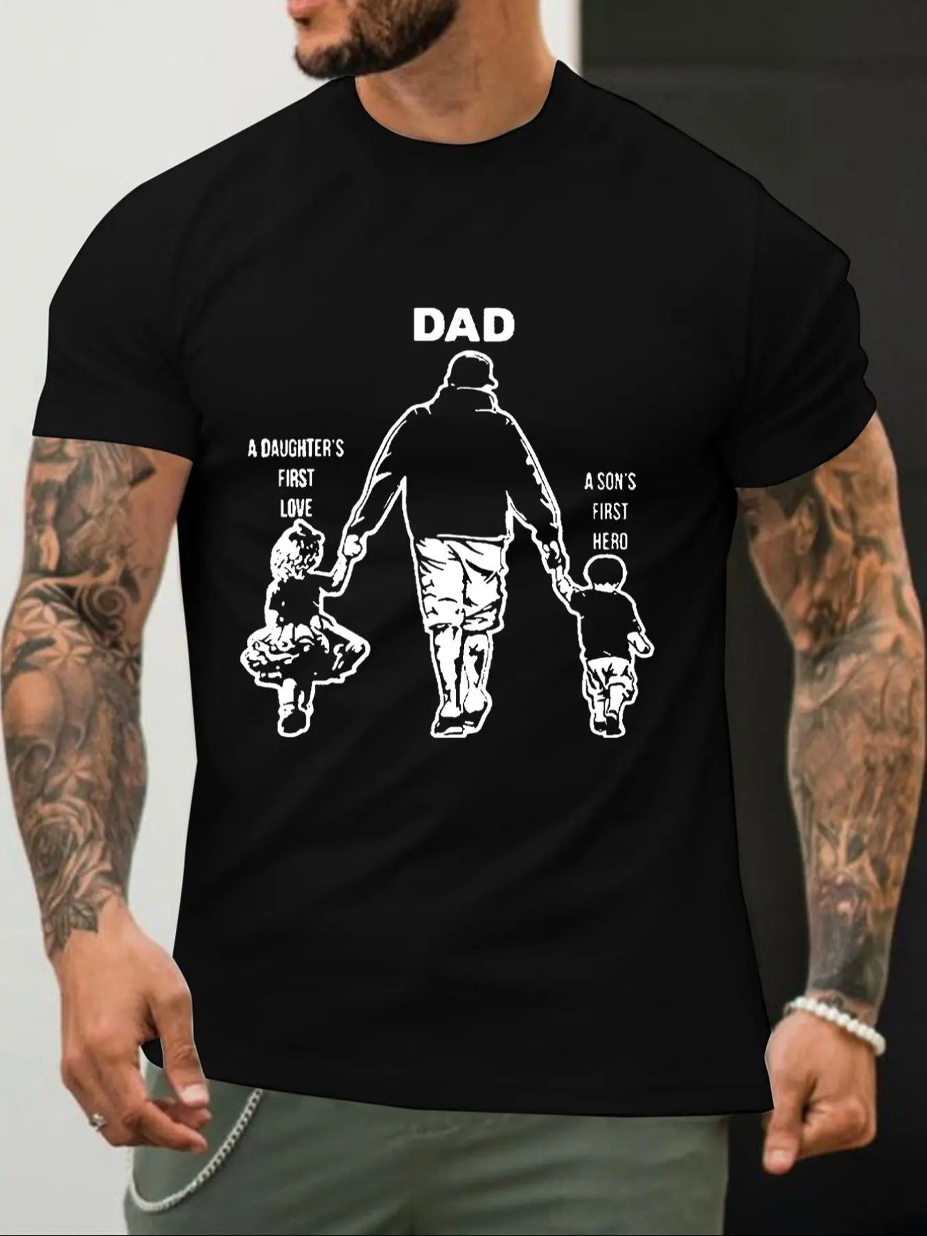 Men's Regular Fit "DAD" Figure & Letter Print Round Neck Tee, Casual Short Sleeve T-Shirt for Summer, Mens Clothes for...