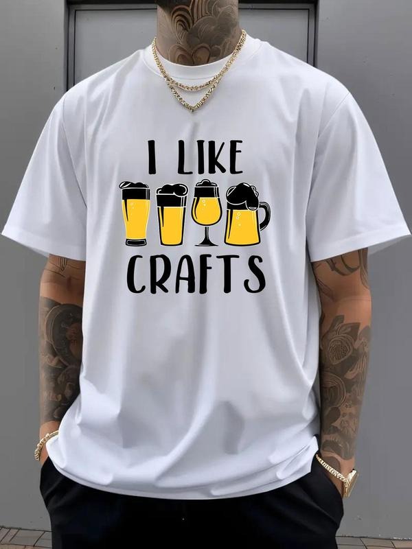 Men's Regular Fit "I Like Crafts" Letter Print Round Neck Tee, Casual Short Sleeve Crew Neck T-shirt for Daily Wear,...