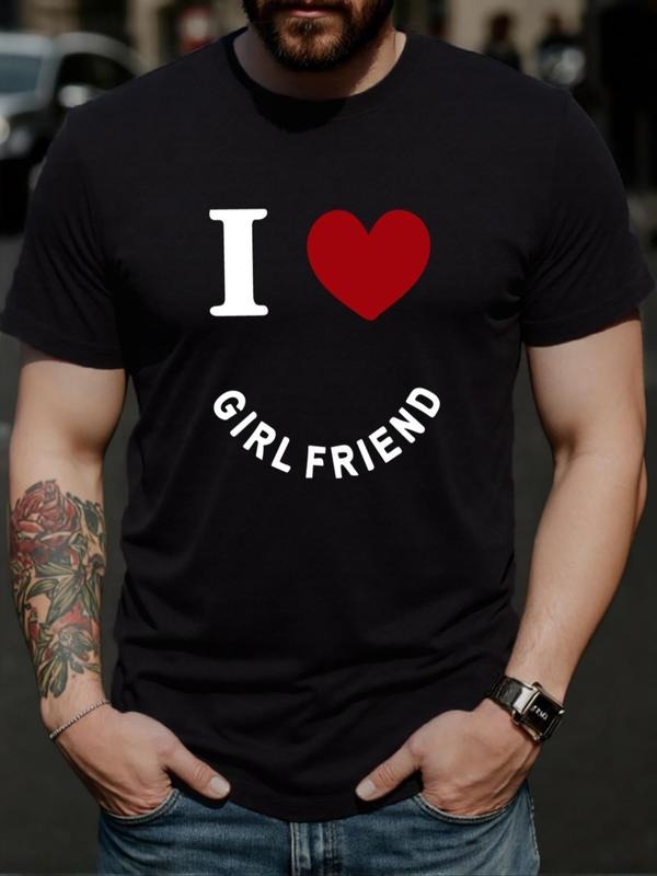 Men's Regular Fit "I Love Girlfriend" Letter Print Round Neck Tee, Casual Short Sleeve Crew Neck T-Shirt for Daily Wear,...