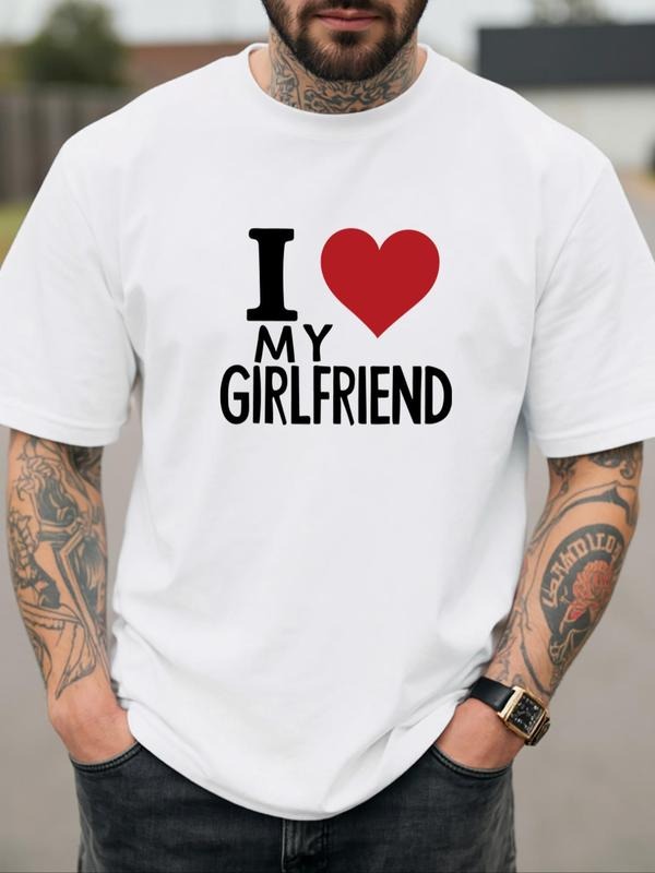 Men's Regular Fit "I Love My Girlfriend" Letter Print Round Neck Tee, Casual Short Sleeve Crew Neck T-Shirt for Daily...