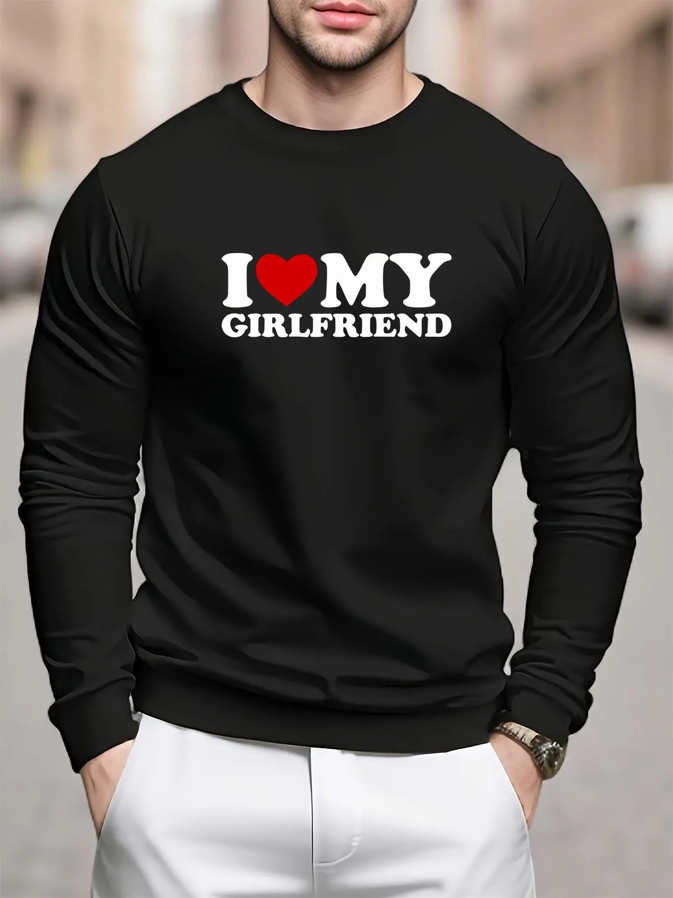 Men's Regular Fit "I Love My Girlfriend" Print Round Neck Sweatshirt, Casual Long Sleeve Crew Neck Pullover for Daily...