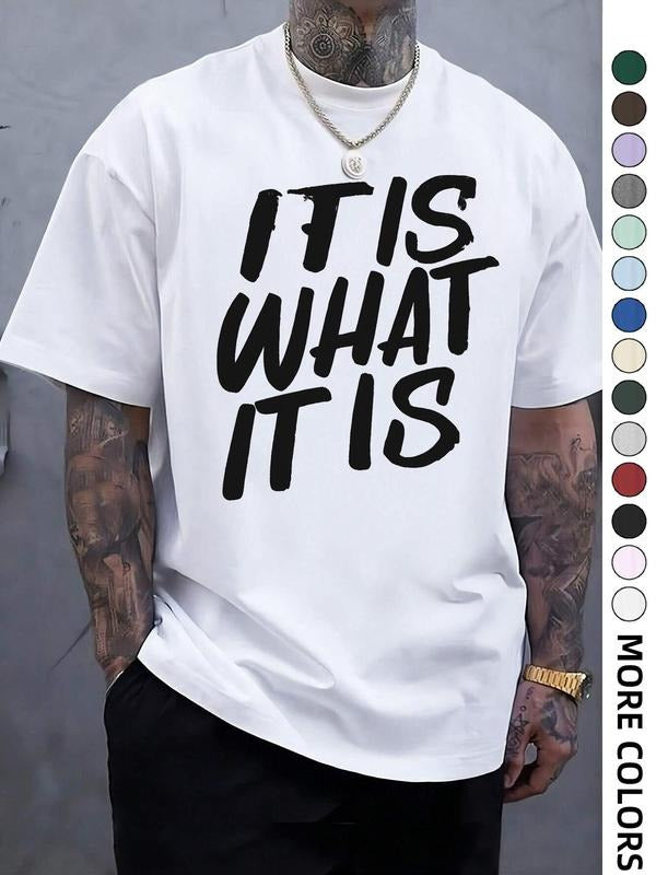 Men's Regular Fit "IT'S WHAT IT IS" Slogan Print Round Neck Tee, Casual Short Sleeve Crew Neck T-shirt for Summer,...