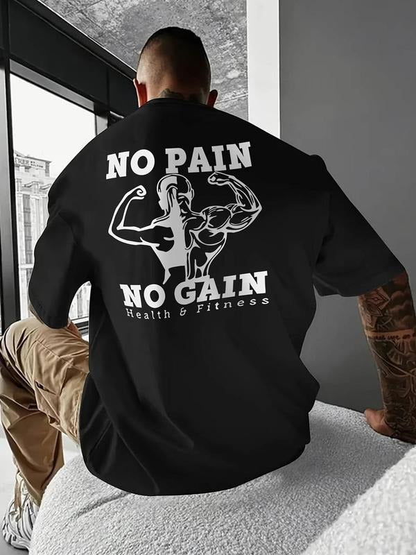 Men's Regular Fit "NO PAIN NO GAIN" Letter Print Round Neck Tee, Casual Short Sleeve Crew Neck T-shirt for Summer,...