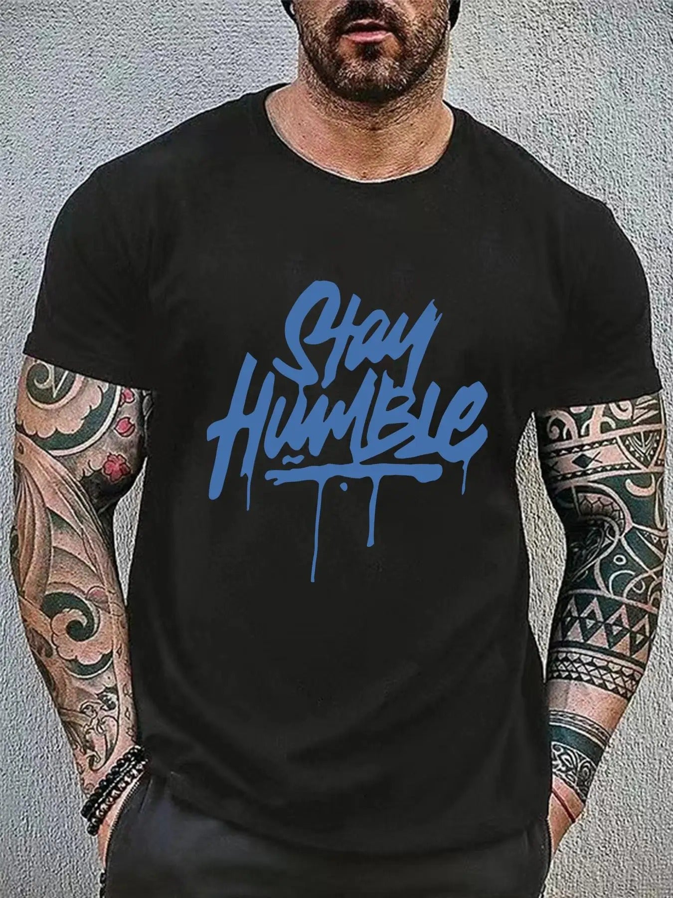 Men's Regular Fit "Stay Humble" Slogan Print Round Neck Tee, Casual Short Sleeve Crew Neck T-shirt for Daily Wear,...