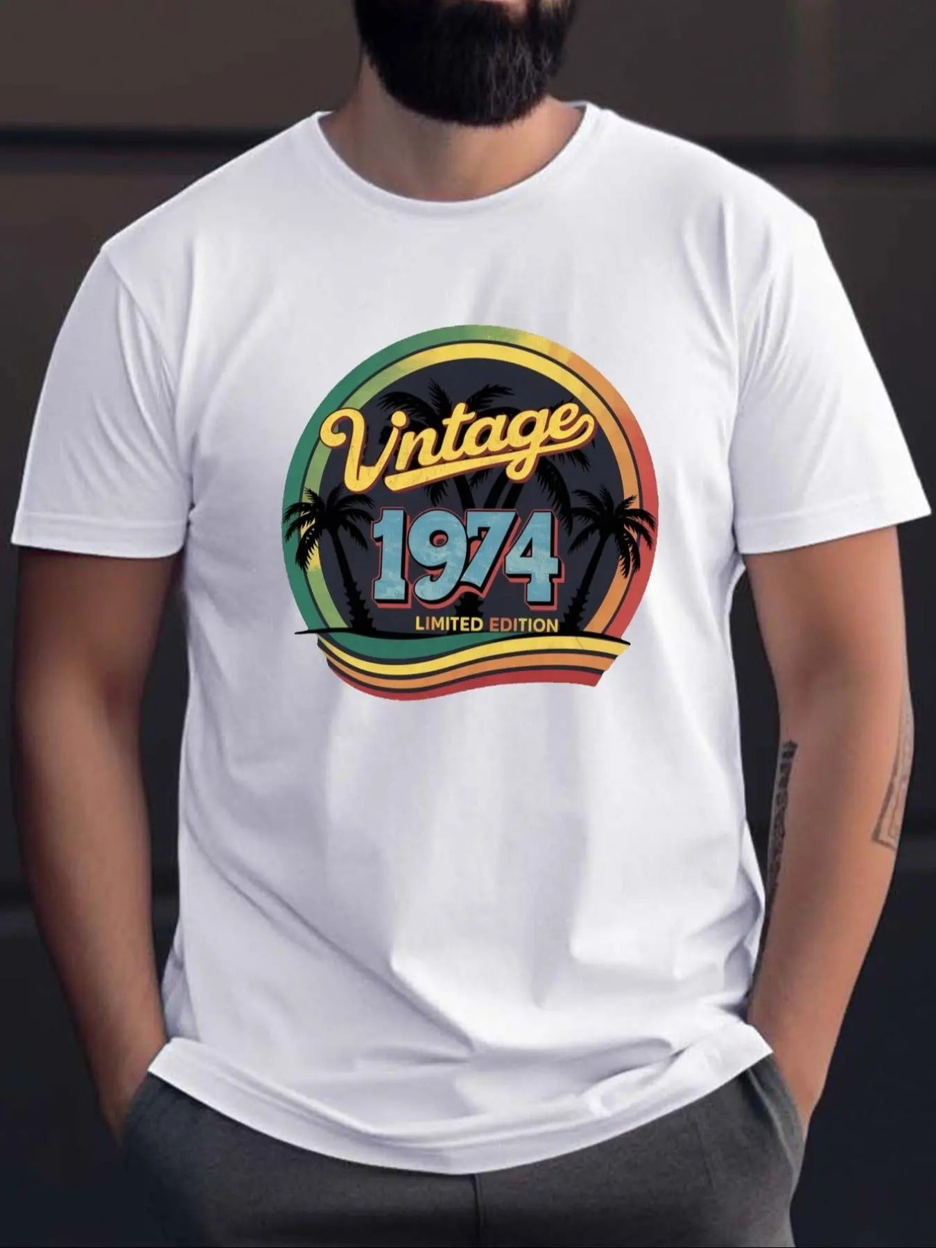 Men's Regular Fit "Vintage 1974" & Palm Tree Print Round Neck Tee, Casual Short Sleeve Crew Neck T-shirt for Summer,...