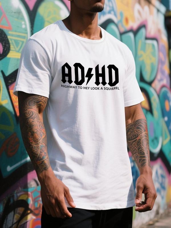 Men's Regular Fit Adhd Print Round Neck Tee, Casual Short Sleeve Crew Neck T-Shirt for Daily Wear, Men's Top for All...