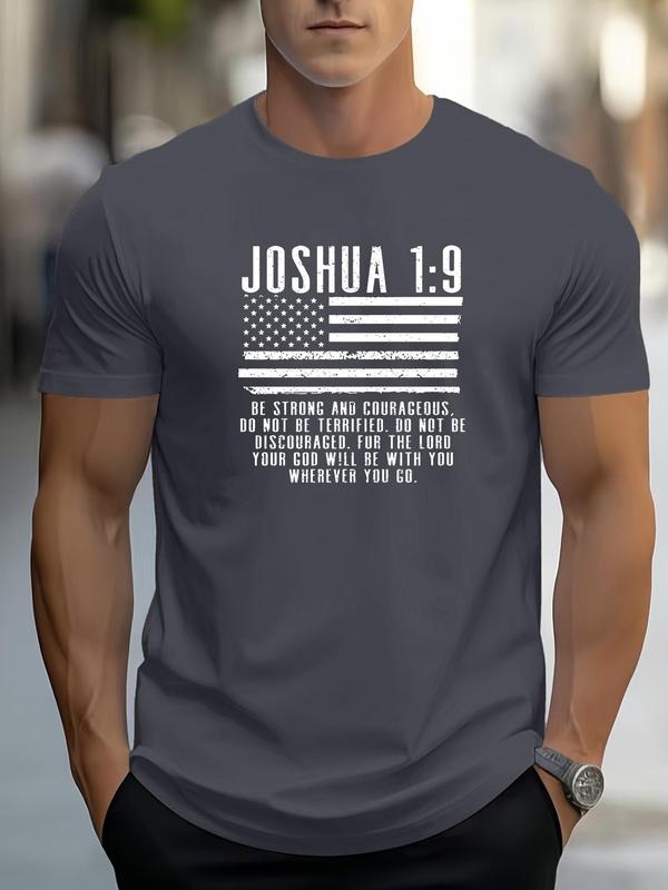Men's Regular Fit American Flag & Letter Print Round Neck Tee, Casual Short Sleeve Crew Neck T-shirt for Daily Wear,...