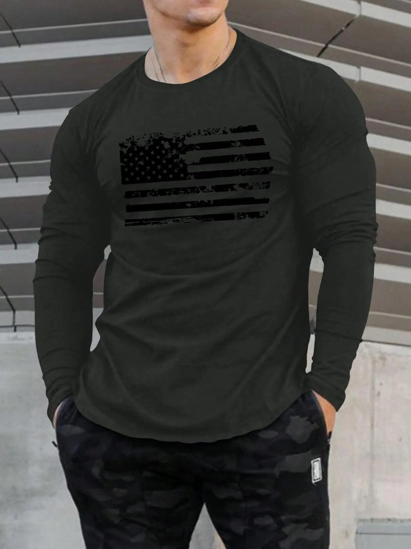 Men's Regular Fit American Flag Print Round Neck Long Sleeve Tee, Casual Crew Neck T-shirt for Daily Wear, Men's Top for...