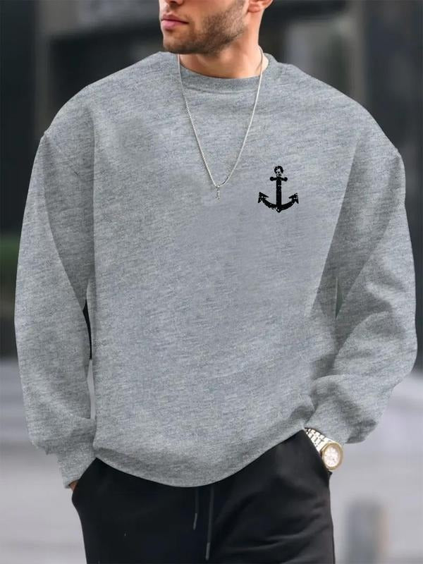 Men's Regular Fit Anchor Print Round Neck Sweatshirt, Casual Long Sleeve Crew Neck Pullover for Daily Wear, Fashion Men's...