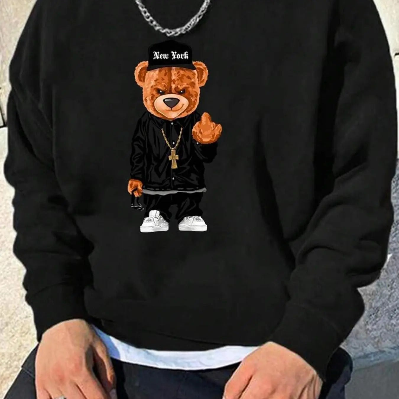 Men's Regular Fit Bear & Letter Print Drop Shoulder Thermal Lined Casual Streetwear Sweatshirt, Casual Soft Comfy Long...
