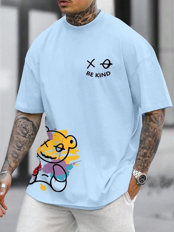 Men's Regular Fit Bear & Letter Print Graphic Tee, Casual Comfy Short Sleeve T-shirt for Summer, Fashion Men's Top for...
